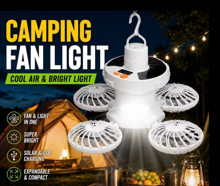 Solar powered camping fan and light in one