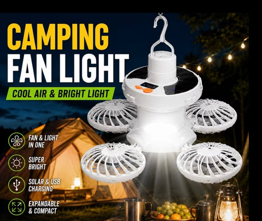 Solar powered camping fan and light in one